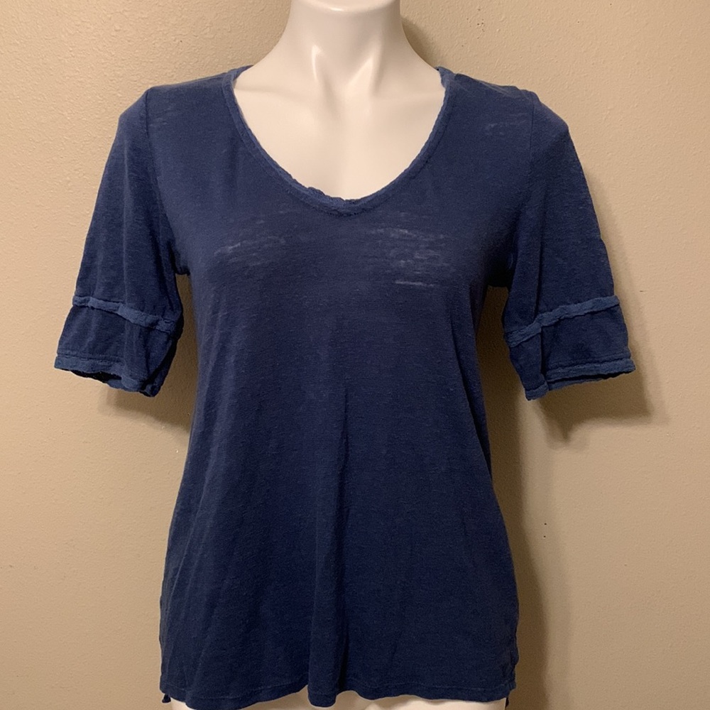 Meadow Rue by Anthropologie Blue Linen Blend Short Sleeve V-Neck Top Size XS